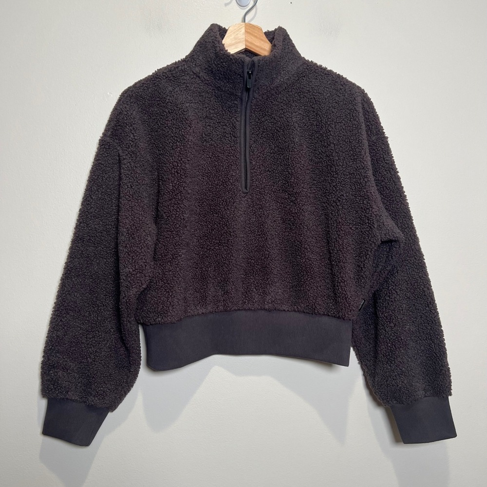 Athleta In the Clouds 1/4 Zip Pullover Sweater XXS Brown Cropped Sherpa EUC - Picture 2 of 9